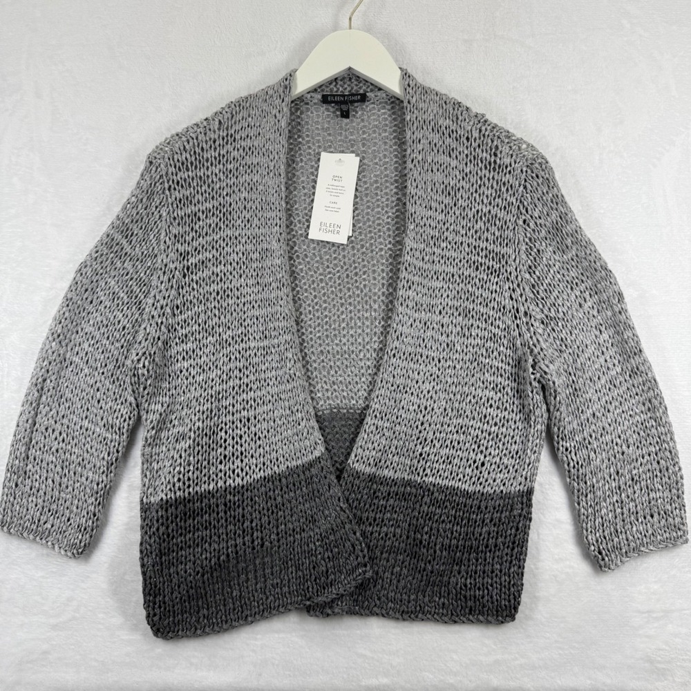 Eileen Fisher Moon Grey Open Twist Melange Tape Yarn Cardigan R2MLO-K1786 L NEW